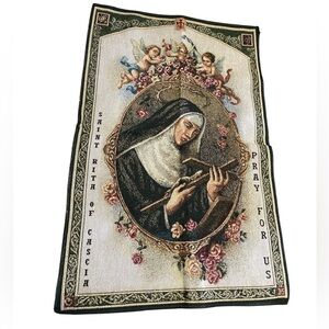 Vintage Saint Rita of Cascia Angels Prayer Tapestry Runner Religious Wall Art